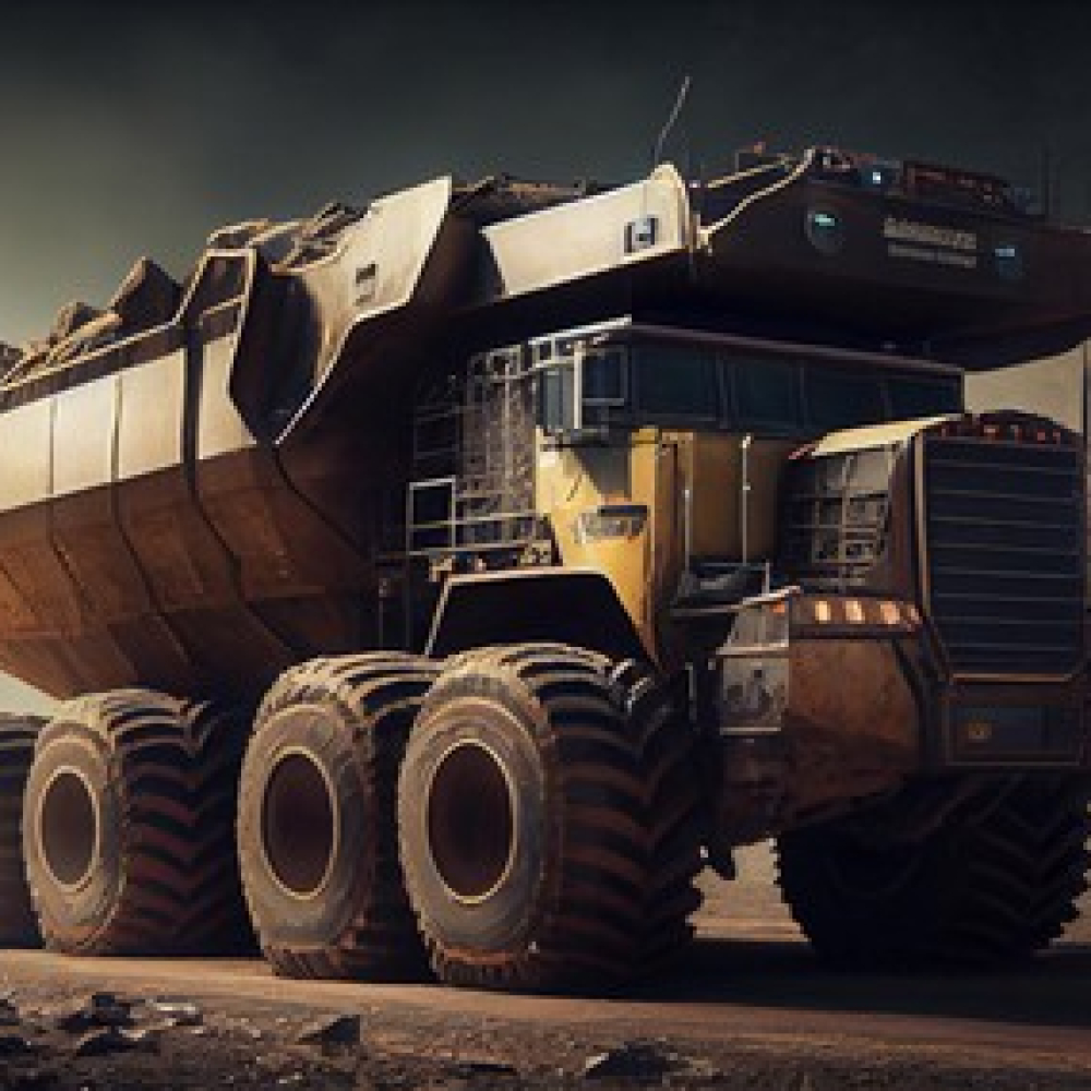 Heavy-duty dump truck in a rugged environment, showing large tires.